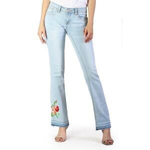Grace in LA Women's Red Floral Embroidered Bootcut Stretch Jeans With Raw Hem
